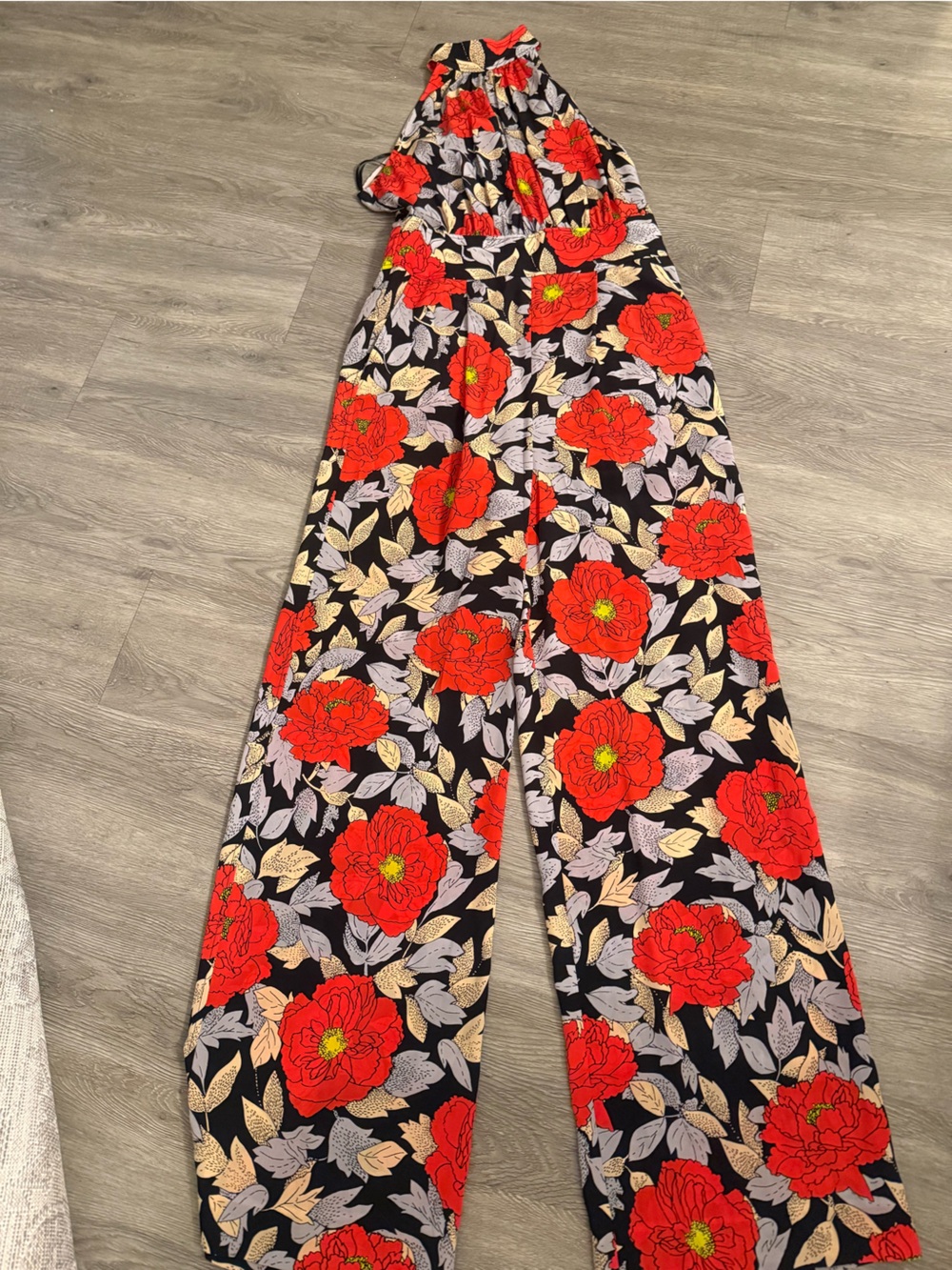 Diane Von Furstenberg Halter Jumpsuit with Red Floral Print